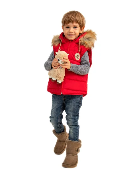 Moda Bambini Foto Bambino Con Giocattoli Alpaca Gilet Rosso Bambini — Foto Stock