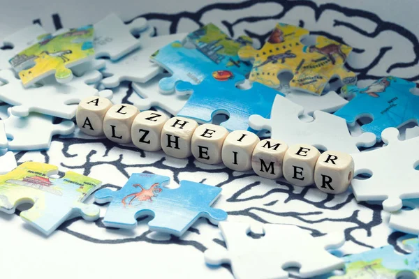 Alzheimer Ziekte Concept Met Hersenvorm Puzzelstukjes — Stockfoto