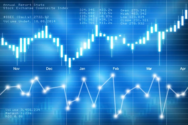 Akciový trh svíčkový graf na modrém pozadí — Stock fotografie
