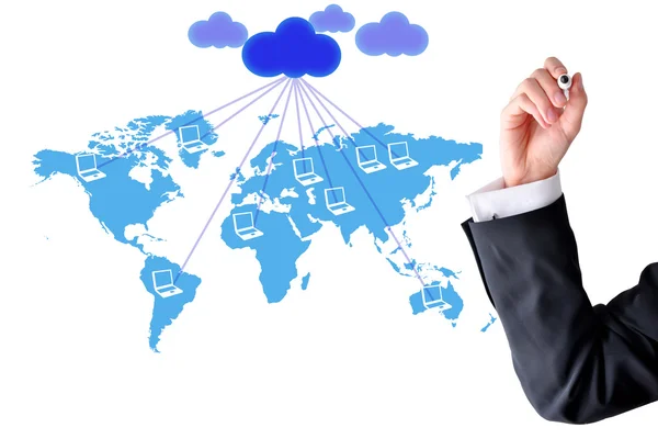 Cloud computer network in world map — Stock Photo, Image