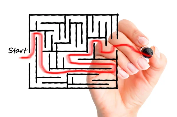 Hand drawing with way through the maze — Stock Photo, Image