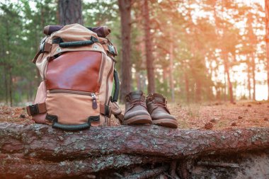 Ormanda kamp yapmak. Botlar ve sırt çantası ormanın arka planında duruyor.