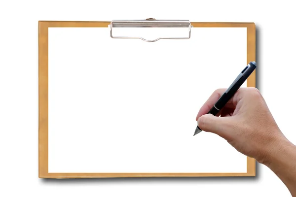 Klemmbrett mit Hand und Stift. — Stockfoto