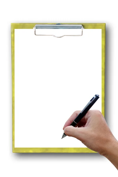 Clipboard with hand and pen. — Stock Photo, Image