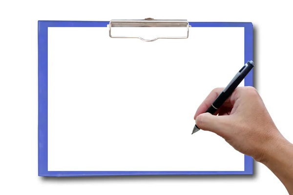 Clipboard with hand and pen. — Stock Photo, Image