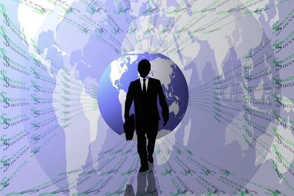 Succes abstracte achtergrond met de kaart en business man ter wereld op silhouetten — Stockfoto