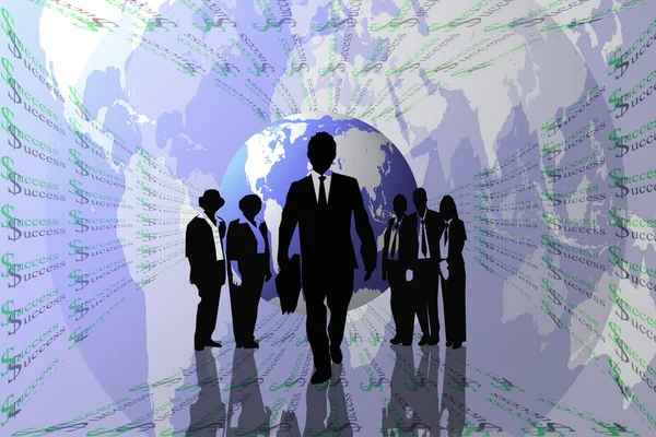 Dünya Haritası ve ekip çalışması siluetleri üzerinde arka plan başarı