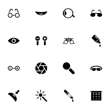 Optometri simgesi - herhangi bir boyuta genişlet - herhangi bir renge değiştir. Mükemmel Düz Vektör deneme lensi, gözlük, göz damlası, pipette damlası, optik sinir, görüş testi tahtası, göz merceği gibi simgeleri içerir