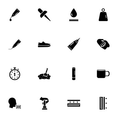 Yapıştırıcı simgesi - herhangi bir boyuta genişlet - herhangi bir renge değiştir. Kusursuz Düz Vektör, tüp, kırık bardak, ağırlık, ayakkabı spor ayakkabısı, vida kapağı, iğne, kronometre, koku, jel damlası gibi simgeler içerir.