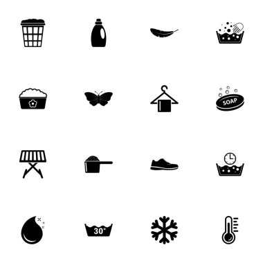 Yıkama simgesi - herhangi bir boyuta genişlet - herhangi bir renge değiştir. Mükemmel Düz Vektör, sabun, şişe, kelebek, kurutma makinesi, çamaşır sepeti, toz, köpük, spor ayakkabı, su sıcaklığı, askılık gibi simgeleri içerir