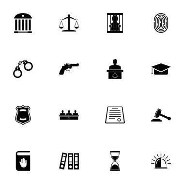 Adalet Kanunu simgesi - herhangi bir boyuta genişlet - herhangi bir renge değiştir. Mükemmel Düz Vektör, tabanca, polis sireni, kelepçe, tutuklu, jüri, mahkeme, anayasa, yemin, hakim tokmağı gibi simgeler içerir.