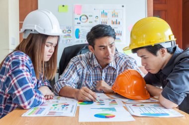 Mimar Mühendis İnsanlarla Tanışıyor Beyin Fırtınası Konsepti, Mimari proje için mühendis toplantısı. İş yerinde ortak ve mühendislik araçlarıyla çalışmak.