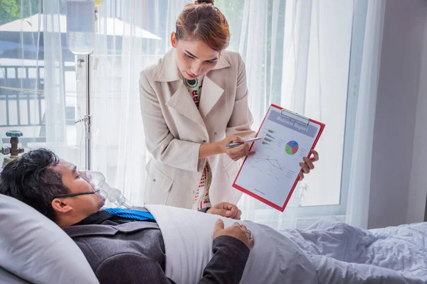 Sick Man Businessman Working Hospital Bed Saline Solution Patients Hand — Stock Photo, Image