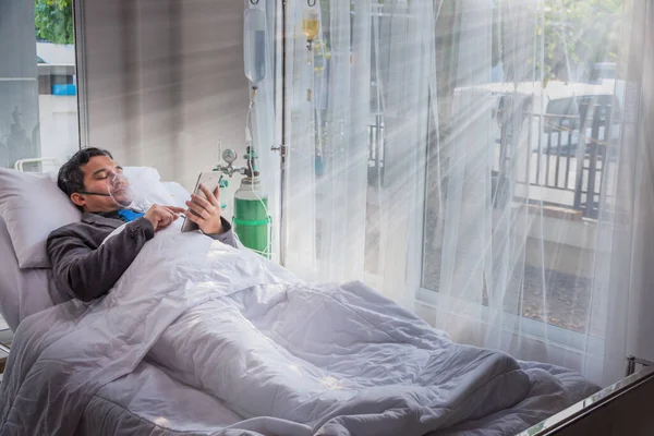 Sick Man Businessman Working Hospital Bed Saline Solution Patients Hand — Stock Photo, Image