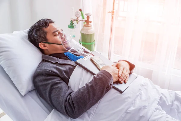 Sick Man Businessman Working Hospital Bed Saline Solution Patients Hand — Stock Photo, Image