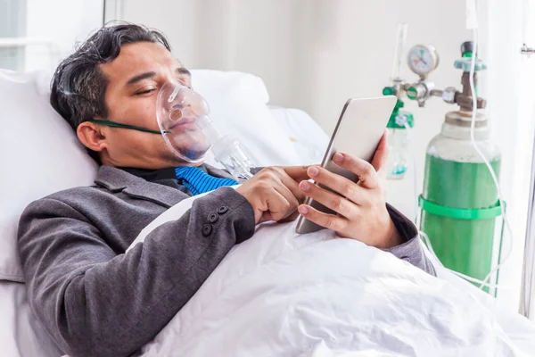 Sick Man Businessman Working Hospital Bed Saline Solution Patients Hand — Stock Photo, Image