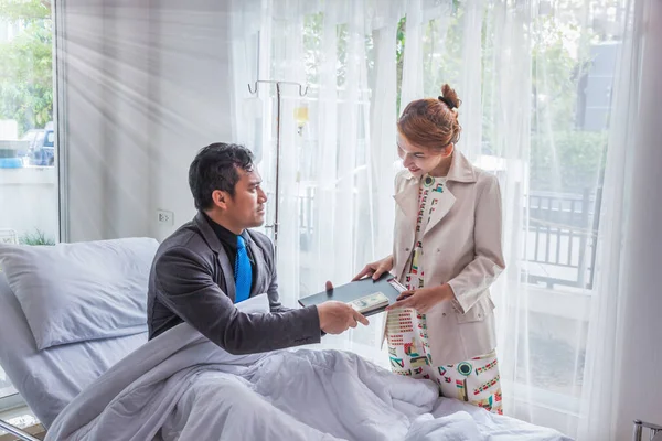 Sick Man Businessman Working Hospital Bed Saline Solution Patients Hand — Stock Photo, Image