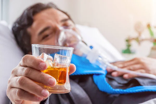 Sick Man Businessman Working Hospital Bed Saline Solution Patients Hand — Stock Photo, Image