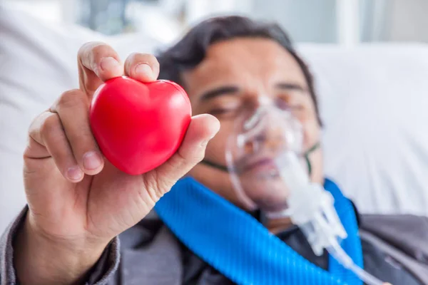 Sick Man Businessman Working Hospital Bed Saline Solution Patients Hand — Stock Photo, Image