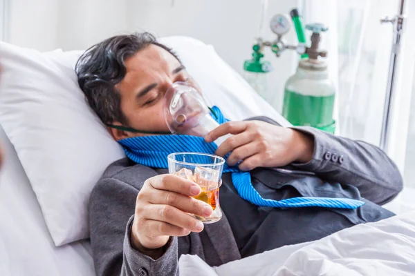 Sick Man Businessman Working Hospital Bed Saline Solution Patients Hand — Stock Photo, Image