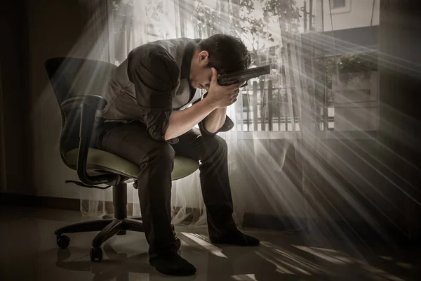Hombre Deprimido Empresario Triste Hombre Suicida Punto Suicidarse Concepto Desempleo — Foto de Stock