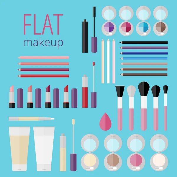 Mega conjunto plano de productos de maquillaje — Vector de stock