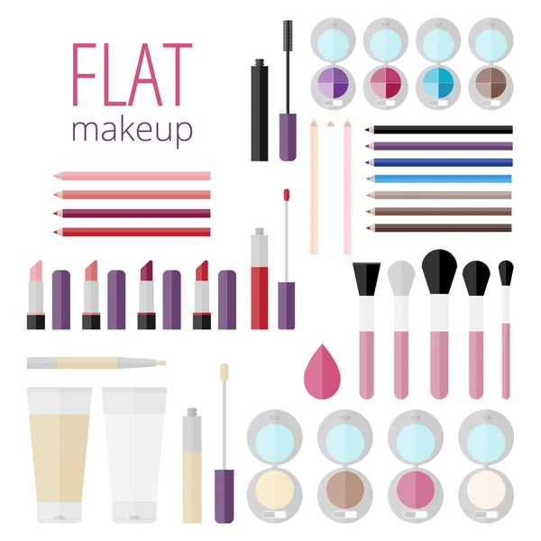 Mega conjunto plano de productos de maquillaje — Vector de stock