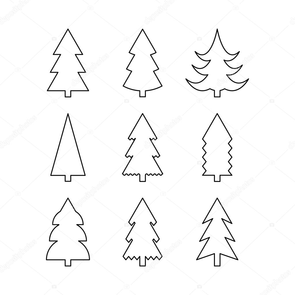 Thin line icon set of Christmas trees. Winter trees icon. 9 different Christmas trees thin line icons.