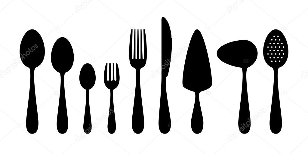 Set of flat icons cutlery isolated on white background. Fork, spoon, knife, spatula, spoon sauce silhouette. Tableware icon set.