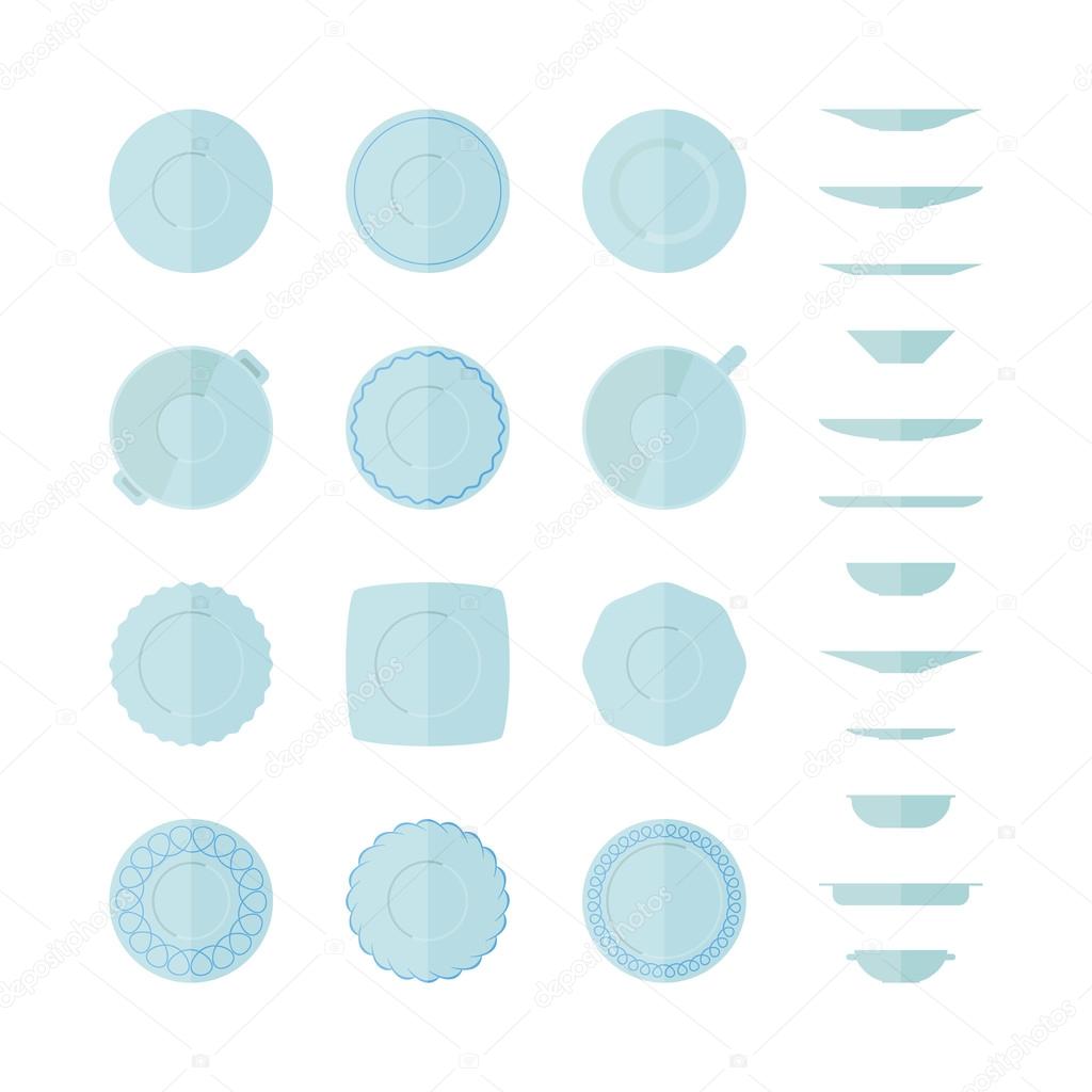 Flat set of different icons plates top and side views isolated on white background. Abstract illustration of empty dishes. Tableware icon set.