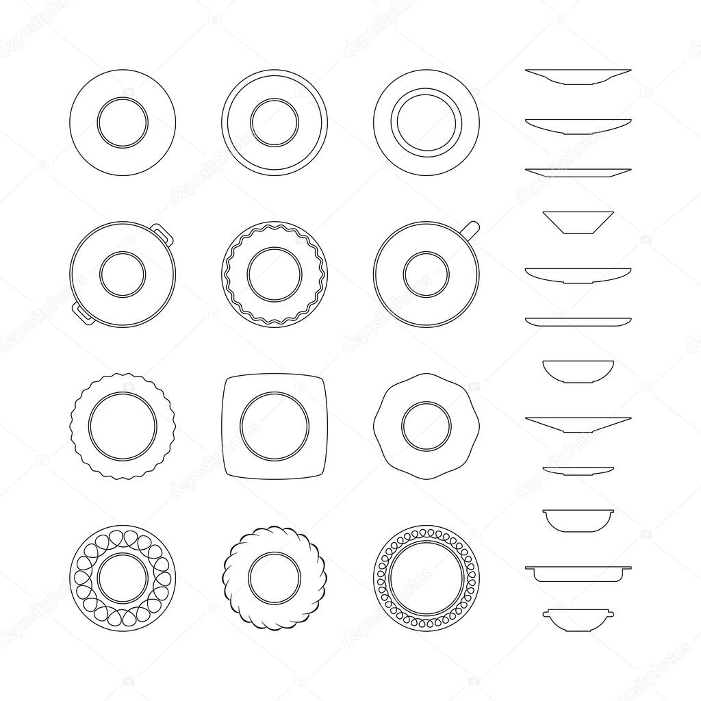 Line art set of different icons plates top and side views isolated on white background. Thin line dishes icon collection. Tableware icon set.