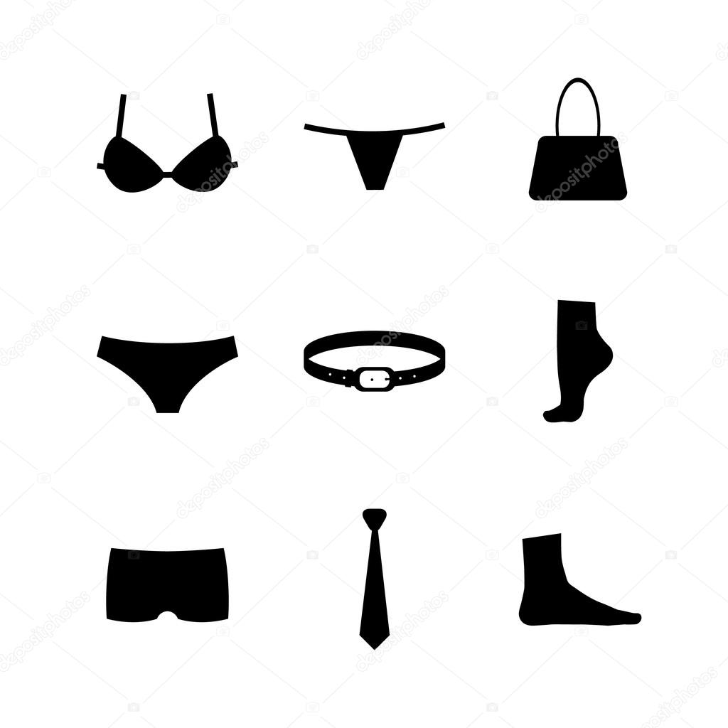 Vector collection of silhouettes of underwear and accessories isolated on white background. Underclothes flat icon set. Logo. Bra, underpants, bag, belt, tie, socks pictogram set.