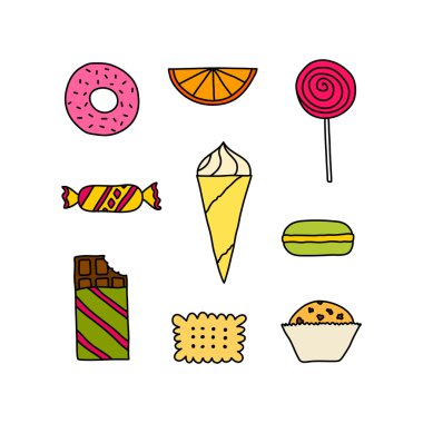 El çekilmiş Icon set çerezleri, çikolata, kek ve şekerler