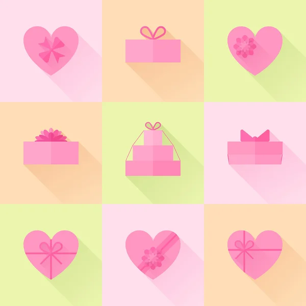 Flat red gift box in the form of heart icon set — Stock Vector