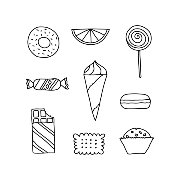 Conjunto de ícones desenhados à mão de biscoitos, chocolates, bolos e doces — Vetor de Stock