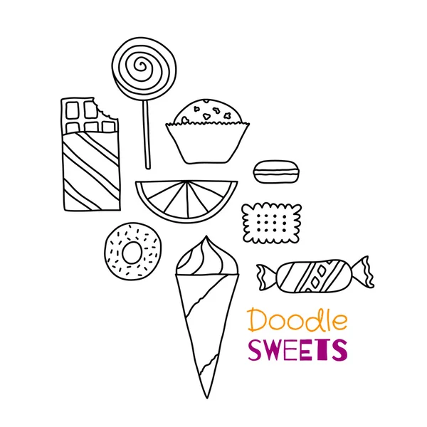 Handgezeichnetes Set mit Keksen, Pralinen, Kuchen und Bonbons — Stockvektor