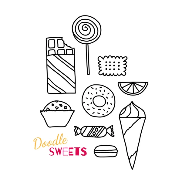 Handgezeichnetes Set mit Keksen, Pralinen, Kuchen und Bonbons — Stockvektor