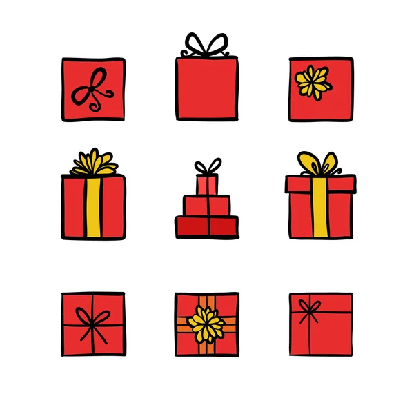 Handgezeichnete farbige Doodle-Icons Geschenkboxen — Stockvektor