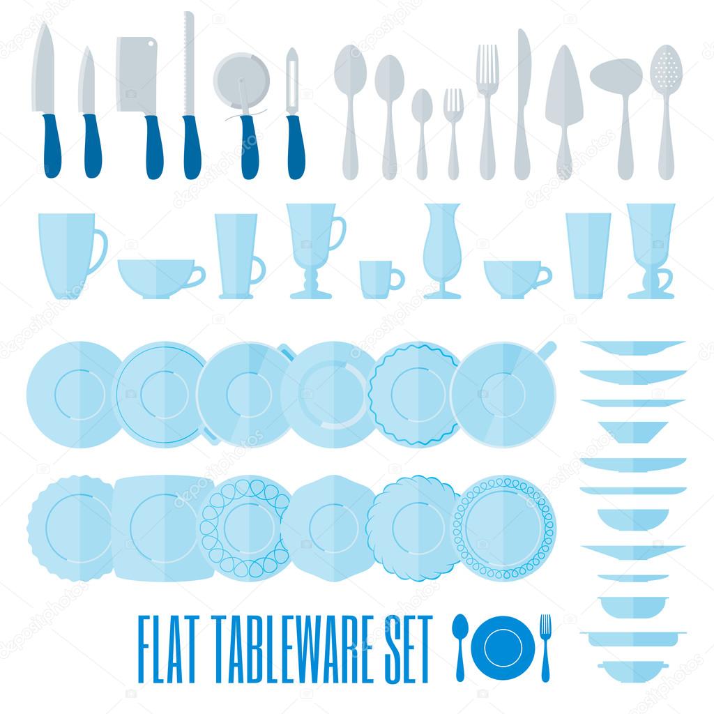 Flat style tableware big icon set on white. Collection of simple geometric illustration of plates, cups and glasses, forks, spoons and knifes. Top and side view. For cafe and restaurant menu, design.