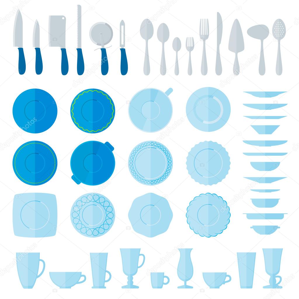 Flat style tableware big icon set isolated on white. Collection of simple illustration of plates, cups and glasses, forks, spoons and knifes. Top, side view. For cafe and restaurant menu, design.