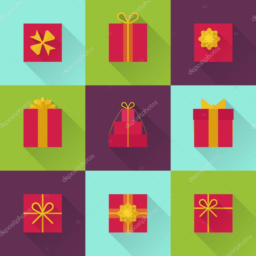 Flat gift box icon set with different bows. Gift wrapping. Gift wrap. Gift package. Flat gift box icon with long shadow.
