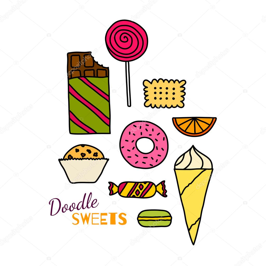 Hand drawn icon set of cookies, chocolates, cakes and candies