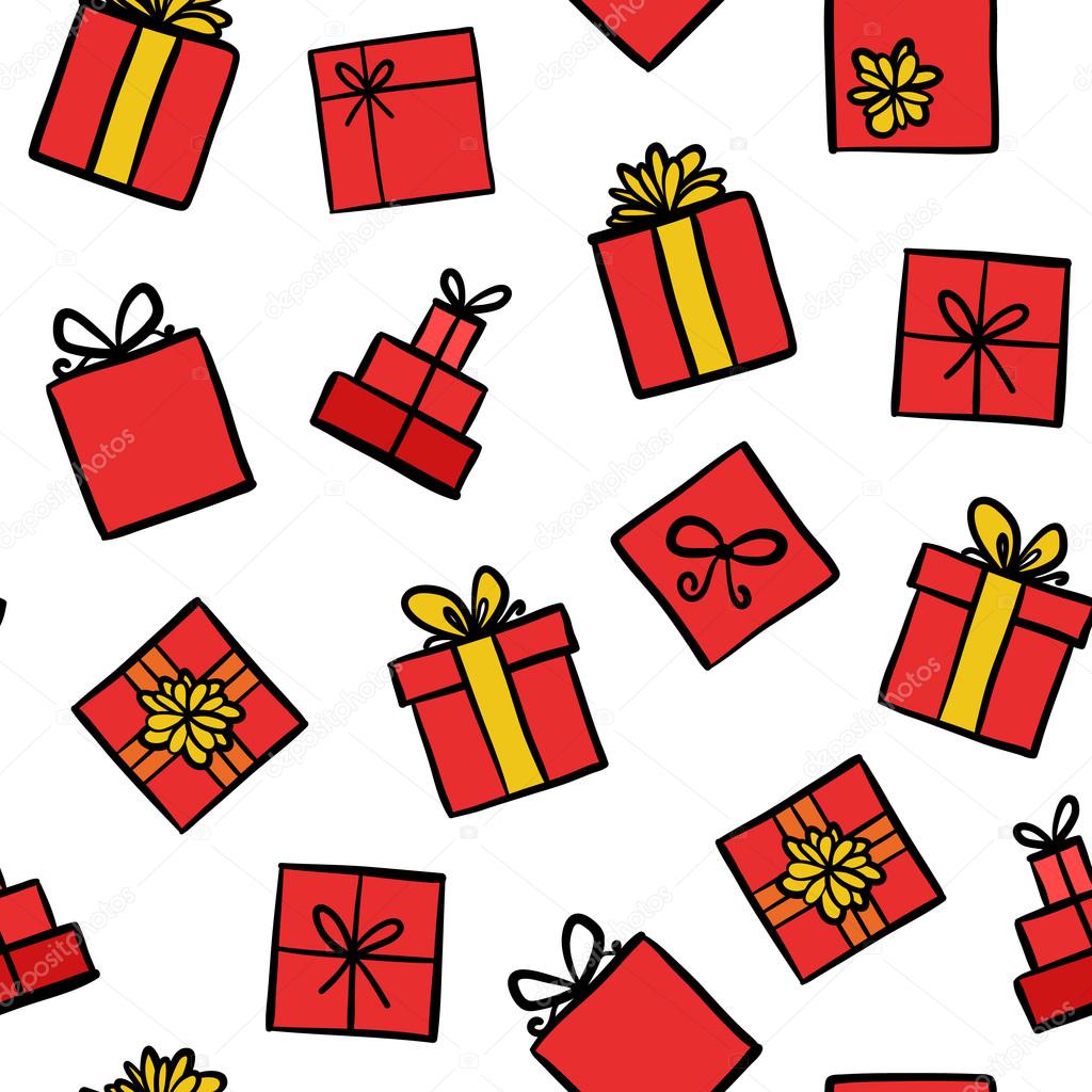 Hand drawn seamless pattern with outline gifts with bows in cartoon style. Doodle thin line gift box texture with different bows. Gift wrap, package. Doodle gift box wallpaper on white background.