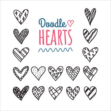 Elle çizilmiş doodle kalpleri ile farklı desen Icon set