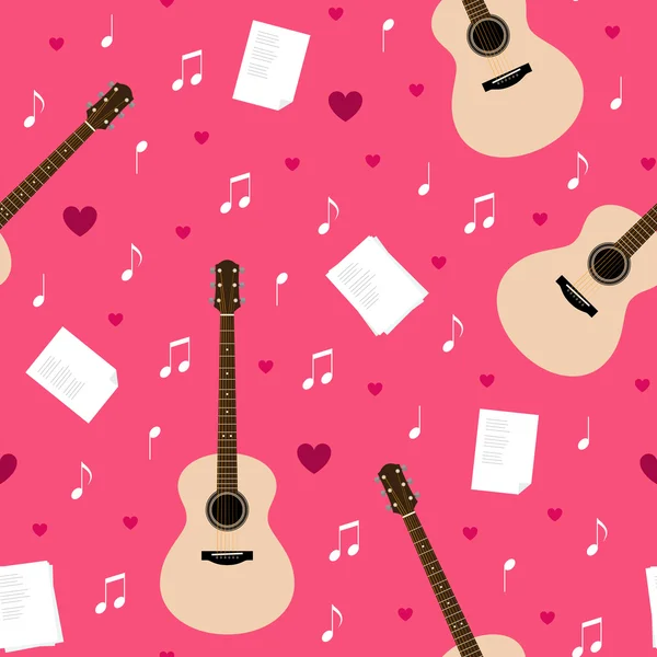Gitar, şarkı sözleri, notlar ve kalpleri ile vektör seamless modeli