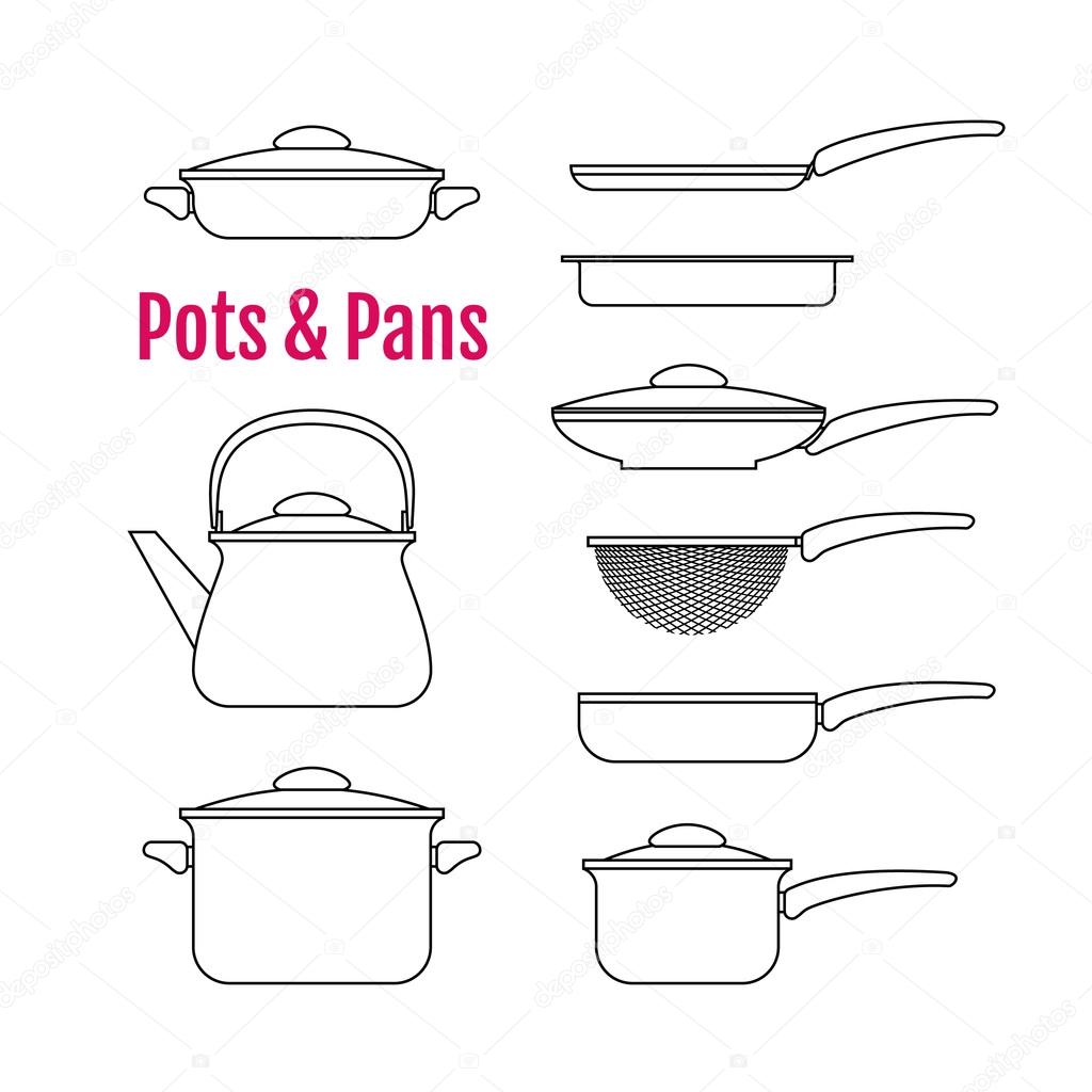 Set of silhouettes utensils. Pots, pans, kettle