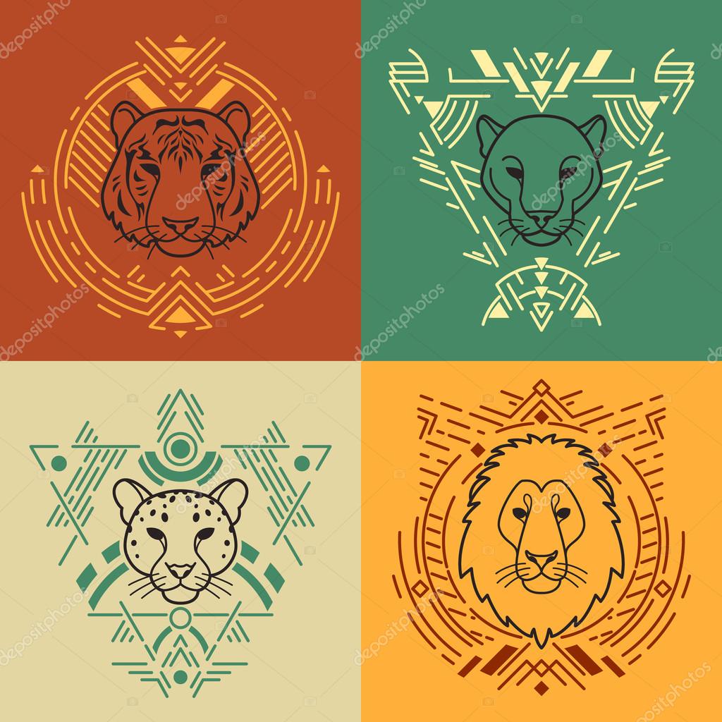 Animal linear head set in tribal frames.Vector colorful illustration in flat style