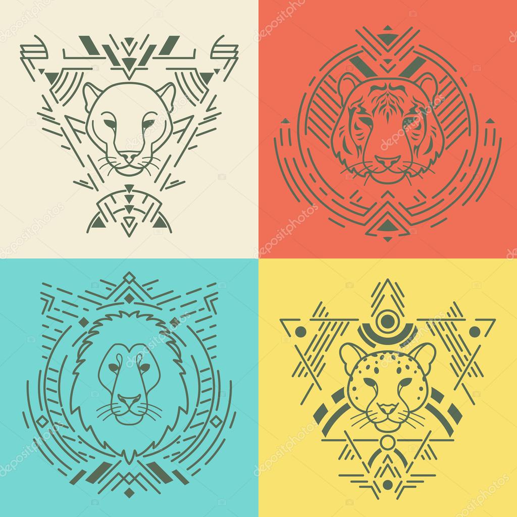 Animal linear head set in tribal frames.Vector colorful illustration in flat style