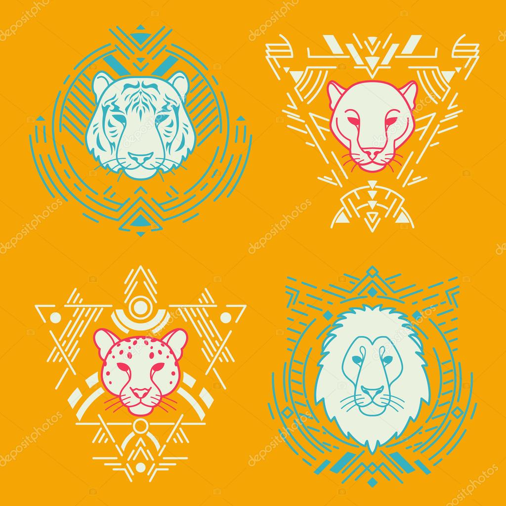 Animal linear head set in tribal frames.Vector colorful illustration in flat style