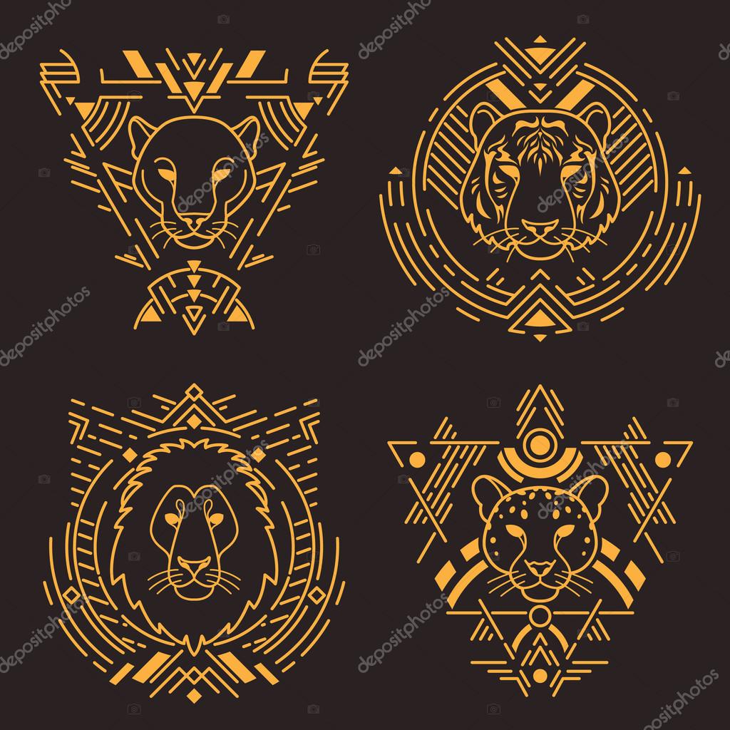 Animal linear head set in tribal frames.Vector colorful illustration in flat style